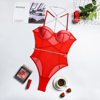 Rhinestone Sexy Lingerie Bodysuit Women Lace Sleeveless Bodies Underwire Push up Bodycon High Cut Body Backless Top