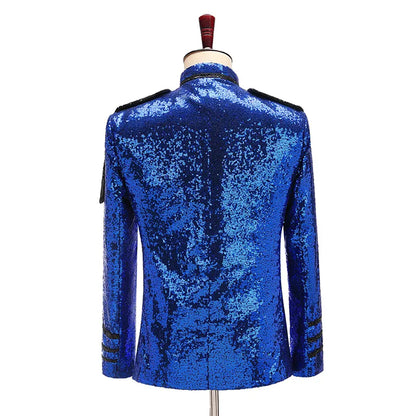 Royal Blue Sequin Embellished Military Blazer Jacket Men Stage Party Prom Mens Tuxedo Suit Jacket Singer Show DJ Costume Homme