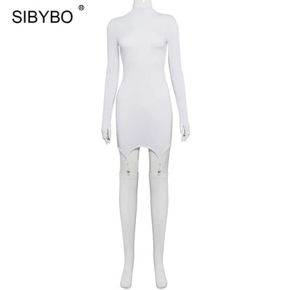 SIBYBO Black Hook Socks Bodycon Dress Women Autumn Long Sleeve Turtleneck Mini Dresses With Gloves Women Sexy Party Vestidos