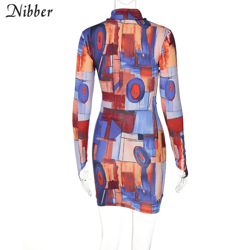 Nibber Bohemian Fashion Mini Slim Kleider Rundhals Farbdruck Design Bodycon für Frauen Ausgehen Urlaub Street Club Party Wear