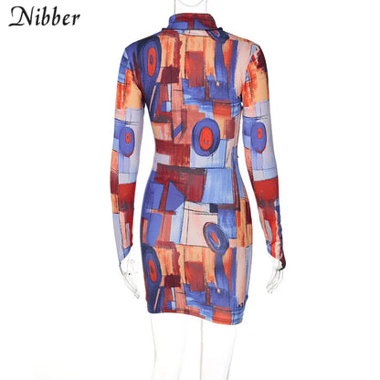 Nibber Bohemian Fashion Mini Slim Dresses Round Neck Color Print Design Bodycon For Women Go Out Vacation Street Club Party Wear