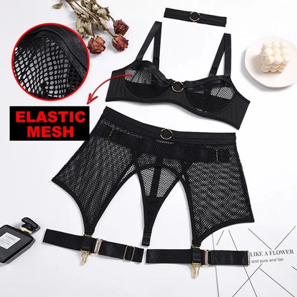 Vierteiliges Dessous-Set, transparentes BH-Set, Push-Up, durchsichtige Spitze, langerie Mesh, nahtlose Unterwäsche, Strumpfbänder