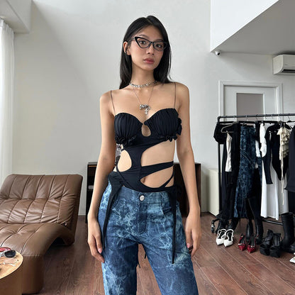 Sommer Damen Kleidung Sexy Cutout Sling Tube Top Unregelmäßiger asymmetrischer Schnüroverall