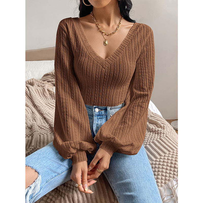 V neck Puff Sleeve Shirt Slim Office Twist Knitted Long-Sleeved Top