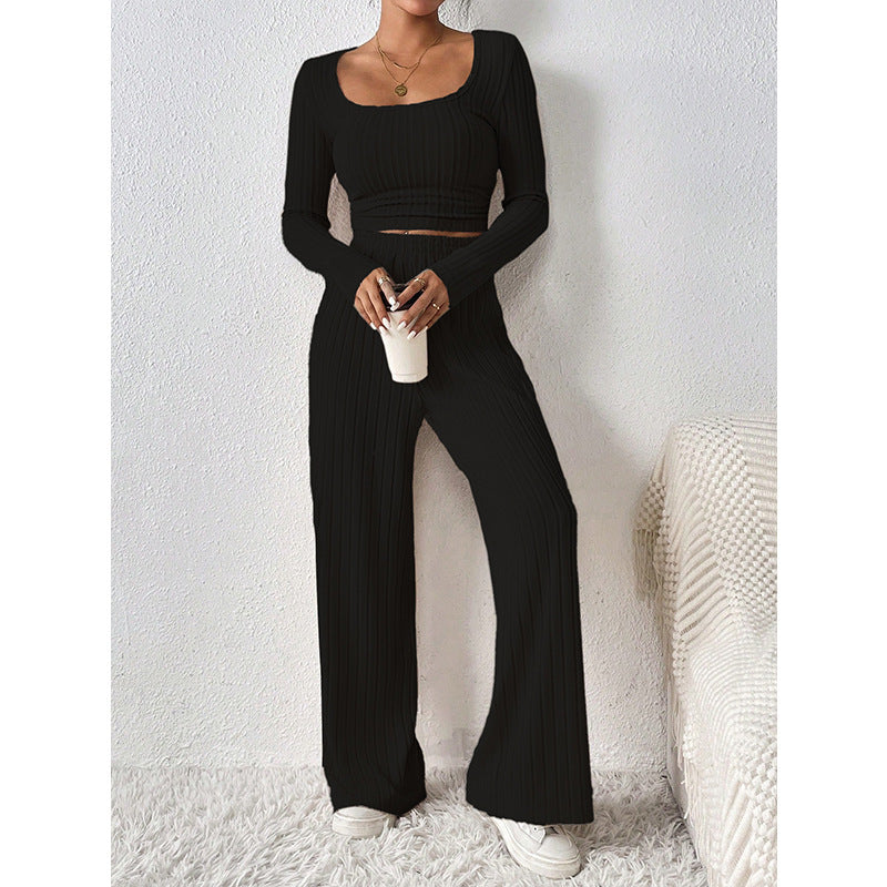 Round Neck Long Sleeve Casual Set Knitted Sunken Stripe Wide Leg Pants Sets for Women