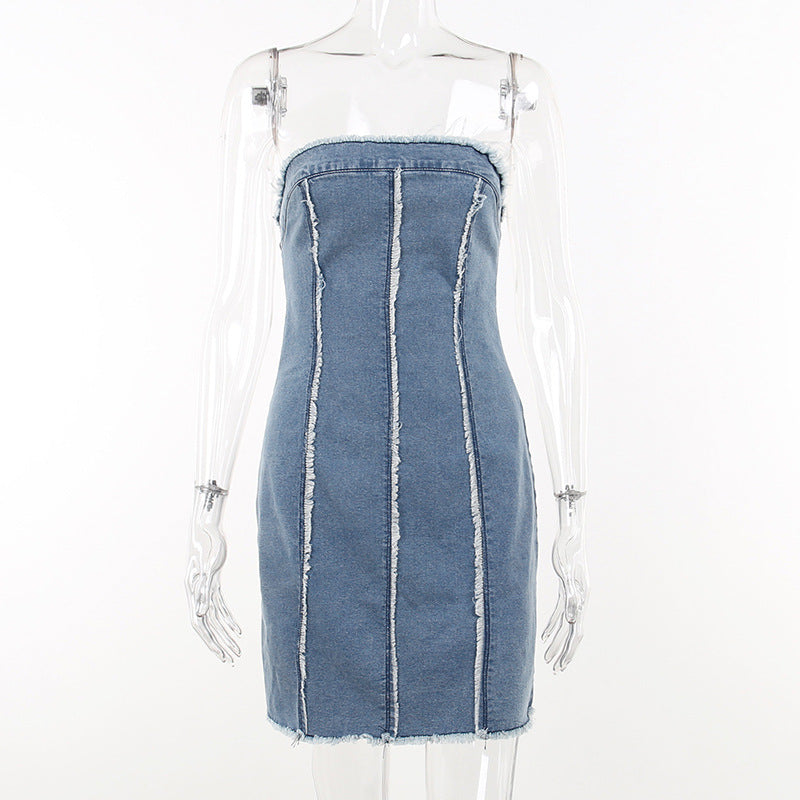 Sexy Slim Fit Ripped Wool Tops Denim Tube Top Package Hip Dress