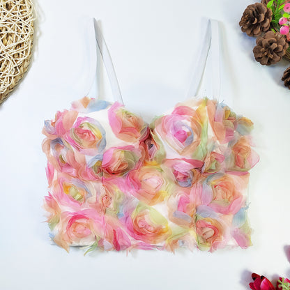 Süßes, frisch bemaltes, florales Tube-Top, Salz, süßes Korsett mit Stäbchen, schmale, elastische Weste