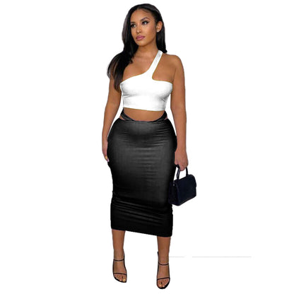 Summer Women Suit Sleeveless Irregular Asymmetric Hip Wrapped Skirt Set