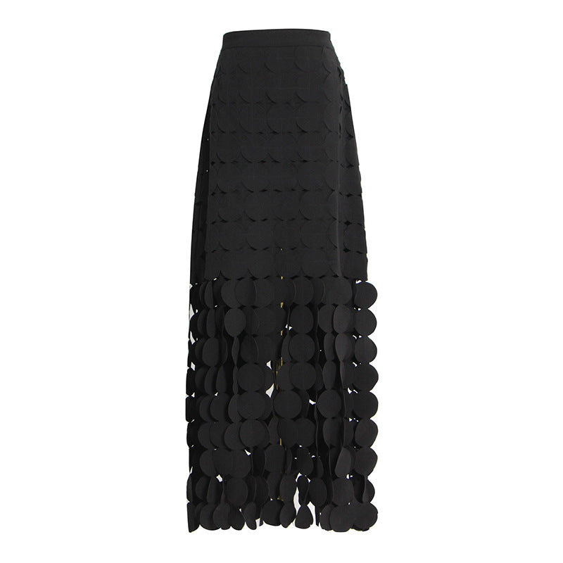 Autumn Dignified Hollow Out Cutout Dot Design Slim Fit Slimming Skirt Mid Length Tassel Dress