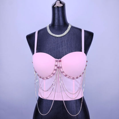 Sexy Strap Chain Rhinestone Bra Outer Wear Small Slip Top Women