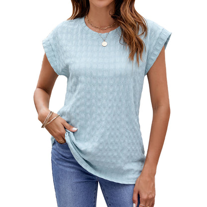 Camiseta de manga corta con cuello redondo y ajuste holgado de Jacquard de Color liso para primavera y verano, Top para mujer