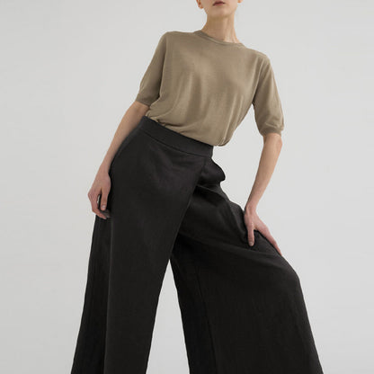 Pantalones de pierna ancha recortados de lino y algodón con diseño de nicho, pantalones franceses de cintura alta para primavera y otoño, pantalones cortos adelgazantes para oficina para mujer