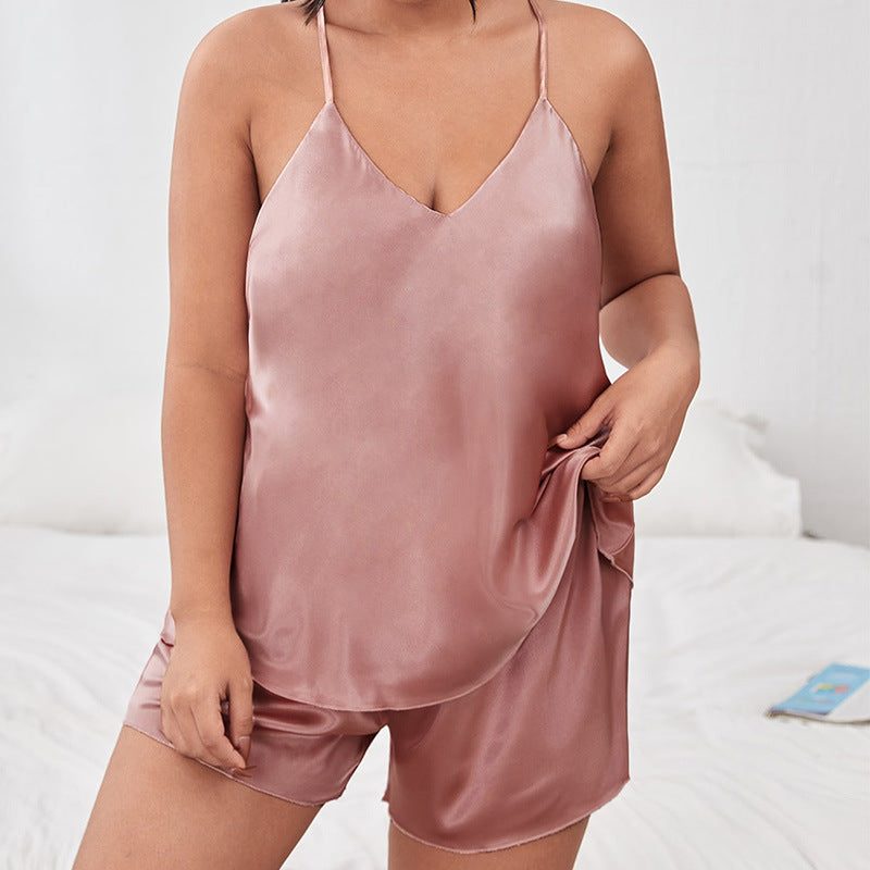 Plus Size Pyjama mit rückenfreiem Träger für Damen, sexy Pyjama, zweiteilig, Loungewear-Anzug aus Kunstseide