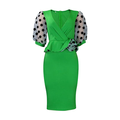 Women Summer Knitted Stitching Dotted Prints Puff Sleeve Pencil Dress 3D Decoration