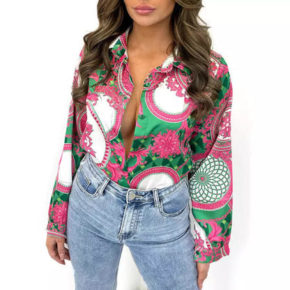 Women Clothing Top Spring Autumn Collared Cardigan Printed Shirt Long Sleeve Button Shirt