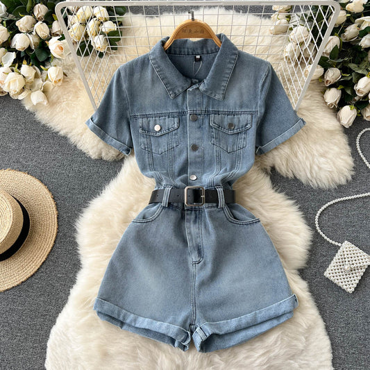 Workwear One Piece Denim Women Small Summer Wear Graceful Fashionable High Waist Wide Leg Shorts