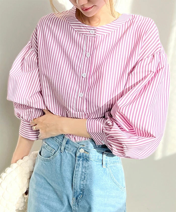 Women Shirt Summer Loose High Grade 7 Color Striped Lantern Sleeve Top Women