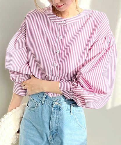 Women Shirt Summer Loose High Grade 7 Color Striped Lantern Sleeve Top Women