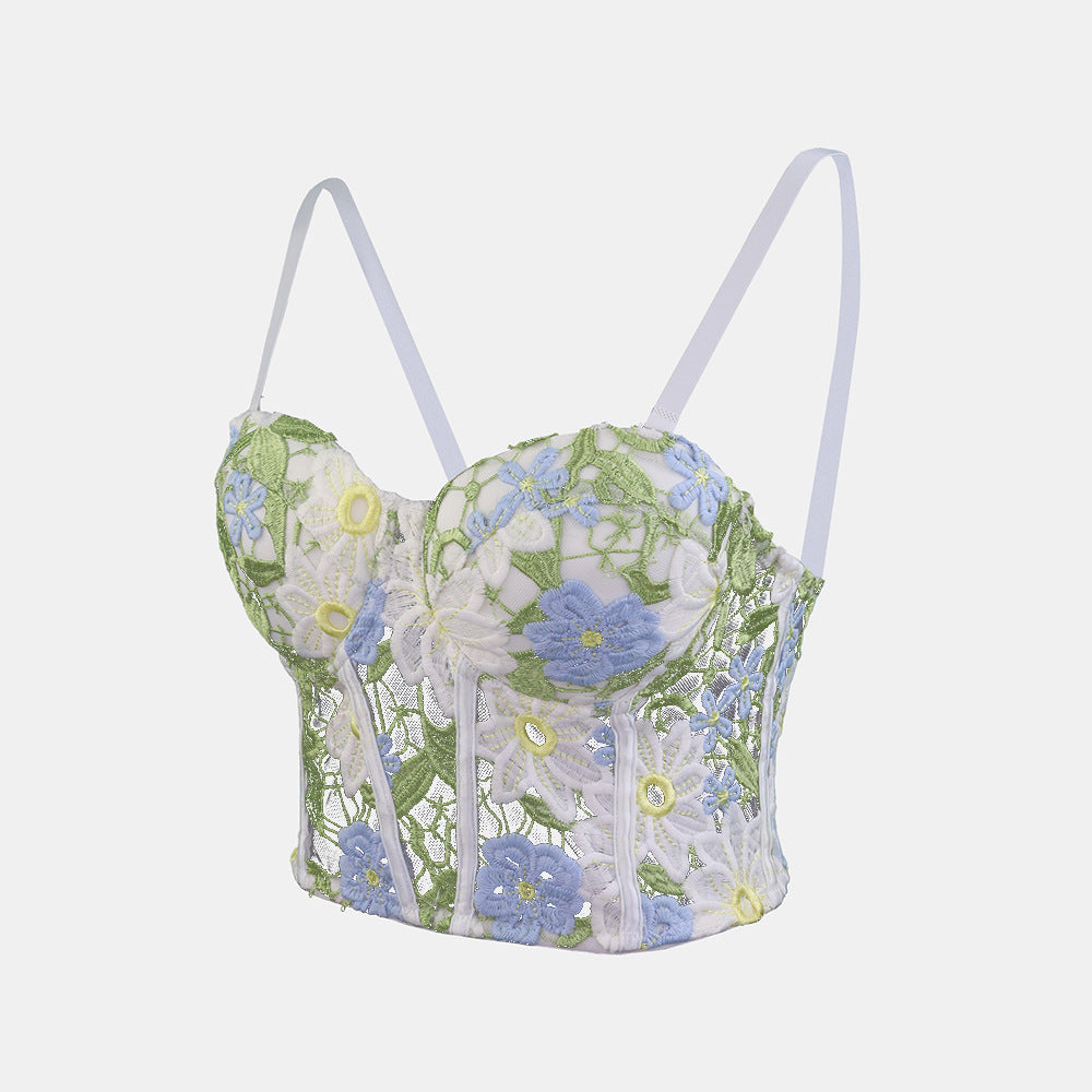 Ropa de abrigo transpirable de malla Floral para verano, sujetador con corsé, ropa interior de encaje Soluble en agua interior, mochila fresca, chaleco con eslinga