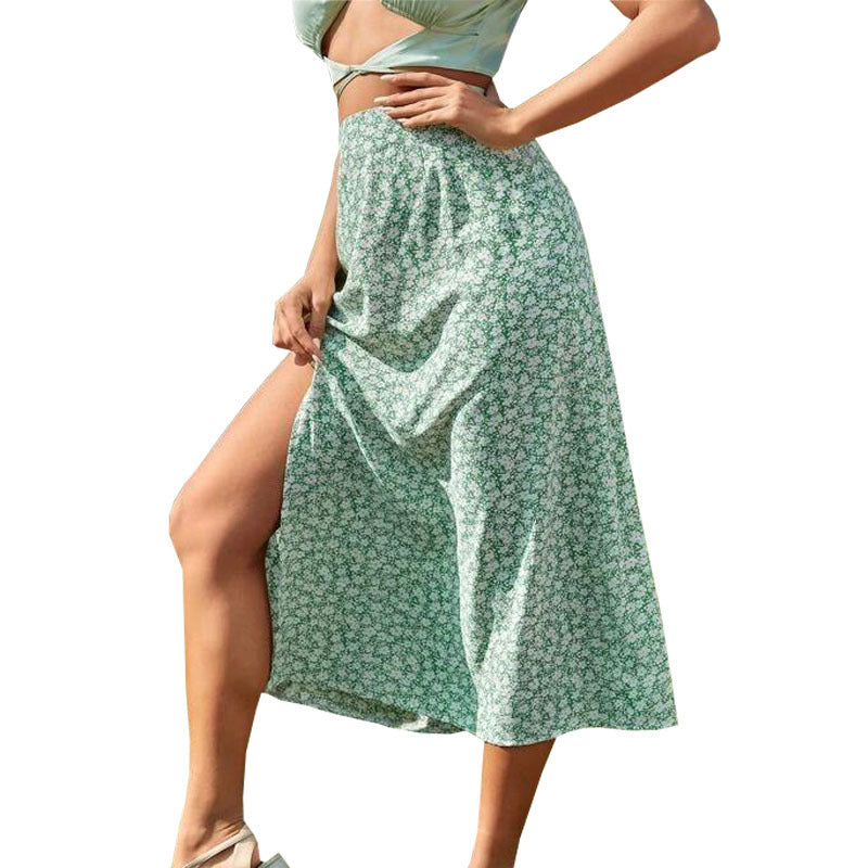 Summer Floral Skirt Split A- line Sheath Mid-Waist Skirt