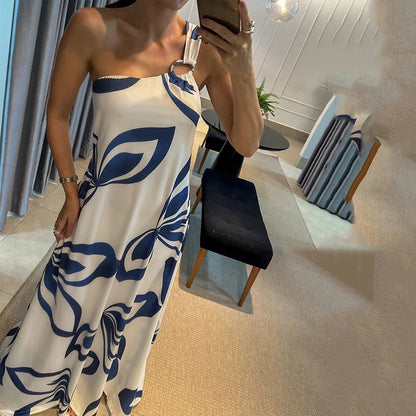 Women Clothing Autumn Sexy One Shoulder Strap Printing Dress