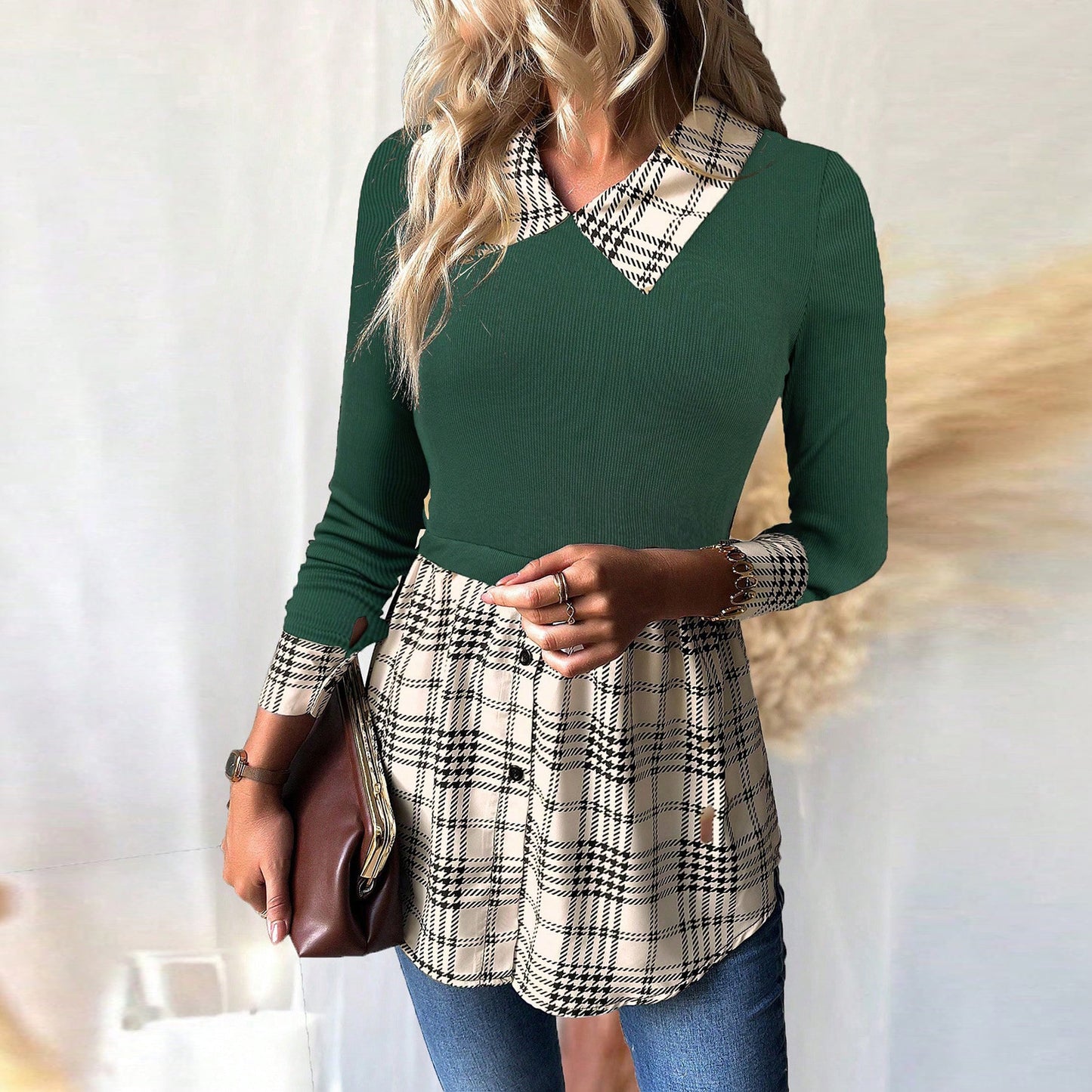 Ropa de mujer Otoño Invierno Elegante Camisa de manga larga Cuello alto