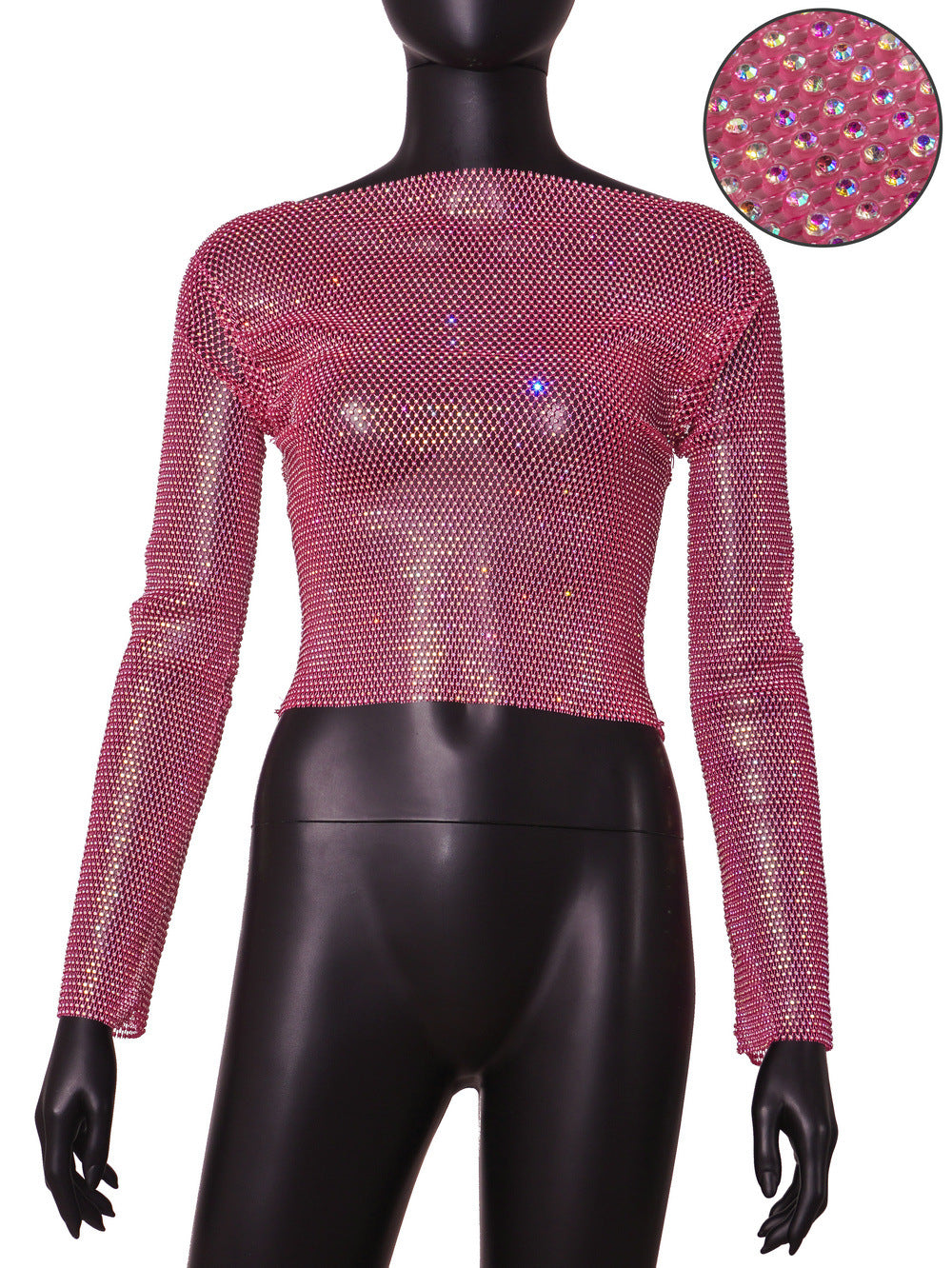 Rhinestone T shirt Women Clothing Popular Mesh Rhinestone Disco Long Sleeved Top