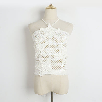 White Slip Top Women's Summer Handmade Crochet Five Pointed Star Niche Knitted Hollow Out Cutout Top