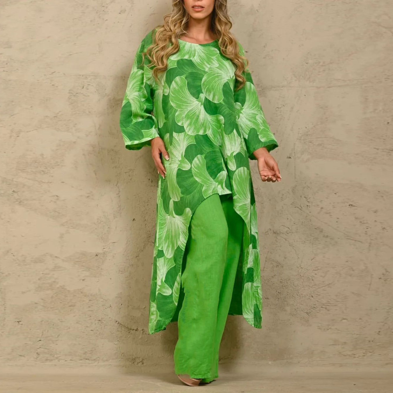 Women Clothing Casual Loose Print Irregular Asymmetric Top Suit Summer