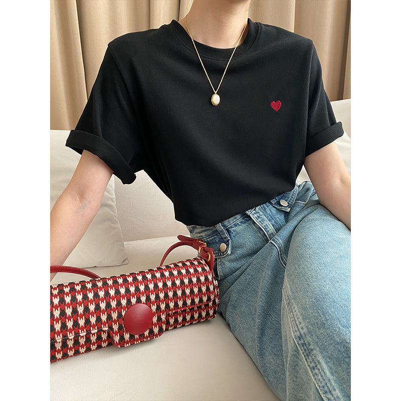 Love Small Embroidered Shoulder Slimming Casual Short Sleeved T Shirt Loose Early Spring