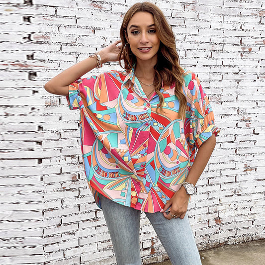 Printed Shirt Women Spring Summer Loose Casual Mid Length Blouse