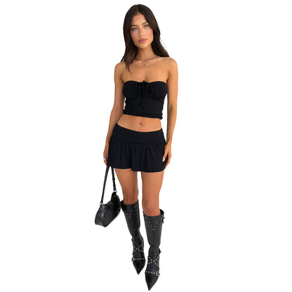 Damenbekleidung Sexy Tube Top Plissee Doppellagiger Hosenrock Zweiteiliges Set