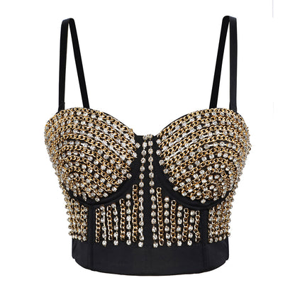 Sexy Waist Hollow Out Cutout Out Chain Diamond Decorations Small Sling Vest Outer Wear Bar Activity Dance Boning Corset Bra