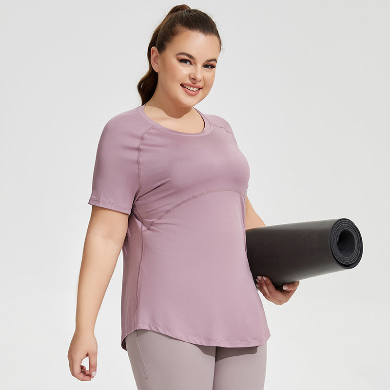 Plus Size Long Thigh Length Thin Yoga Wear Mesh Beauty Back Breathable Short Sleeve Running Fitness Top Sportswear for Women