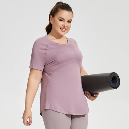 Ropa deportiva de talla grande para mujer, ropa fina de Yoga hasta el muslo, malla de belleza, espalda, transpirable, manga corta, para correr y Fitness