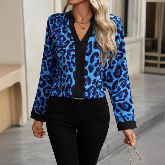 Women Clothing Spring Autumn V Neck Leopard Print Long Sleeve Women Shirt