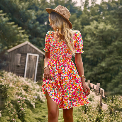 Vestido romántico francés para mujer, vestido escalonado de manga corta para primavera y verano