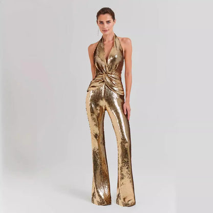 Summer High End Elegant Sequined Light Luxury Halter Jumpsuit Cocktail Host Annual Meeting Performance Dress for Women