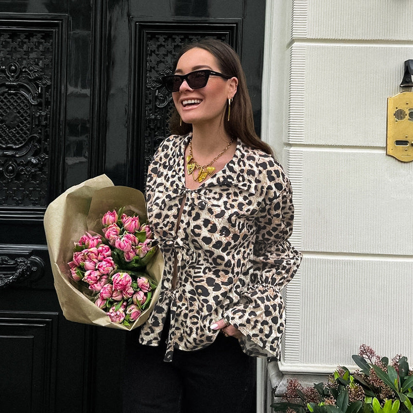 Camisa clásica de calle con estampado de leopardo y cuello atado, camisa holgada informal rusa de otoño, ropa para mujer