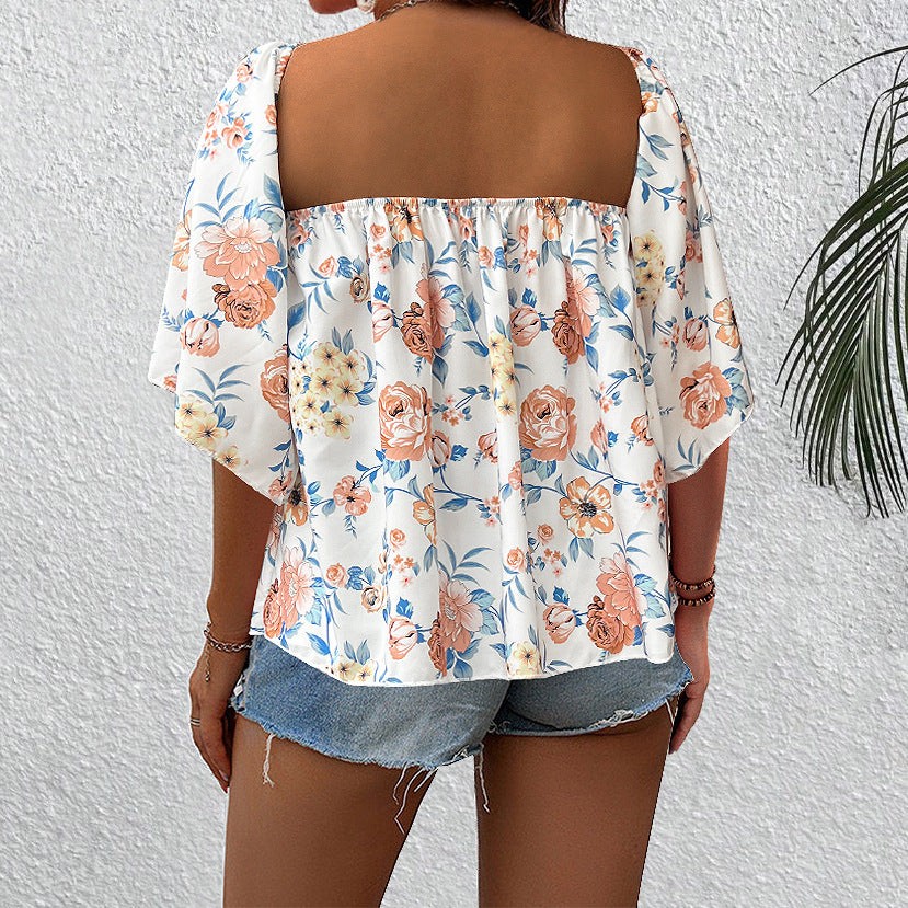 Women Clothing Off Shoulder Printed Shirt Vacation Top