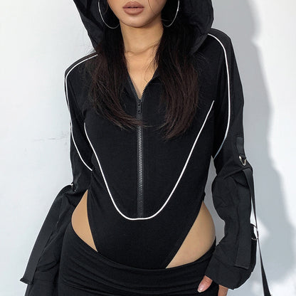 Street Cool Locomotive Sexy Color Contrast Patchwork D Shape Button Streamer Long Sleeve Hooded Collar Bodysuit