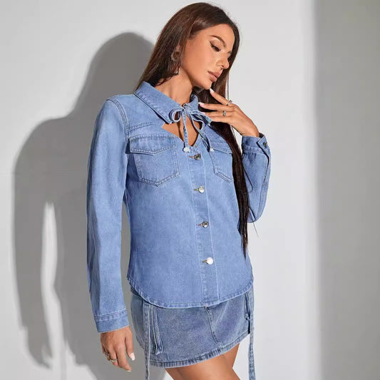 Women Clothing Retro Collar Hollow Out Cutout out Tied Denim Coat