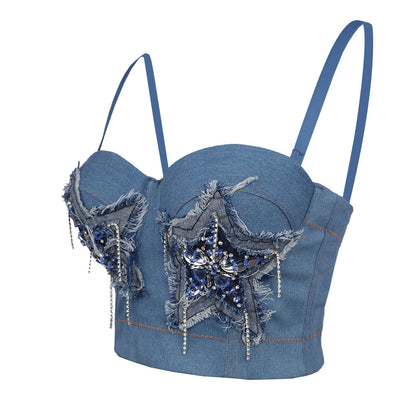 Stretch Denim Five Pointed Star Handmade Rhinestone Camisole Women Boning Corset Bra