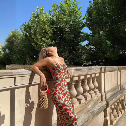 Vestido retro con tirantes florales y rosas, vestido de vacaciones junto al mar francés con cola de pez para mujer