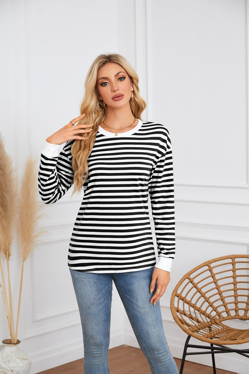 Women Clothing Striped Pattern round Neck Long Sleeve Casual Sweatshirt Top for Women