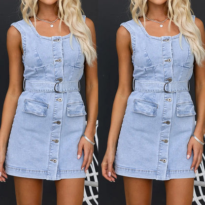 Frühling Sommer Casual Slim Denim ärmelloses Kleid Frauen Kleidung