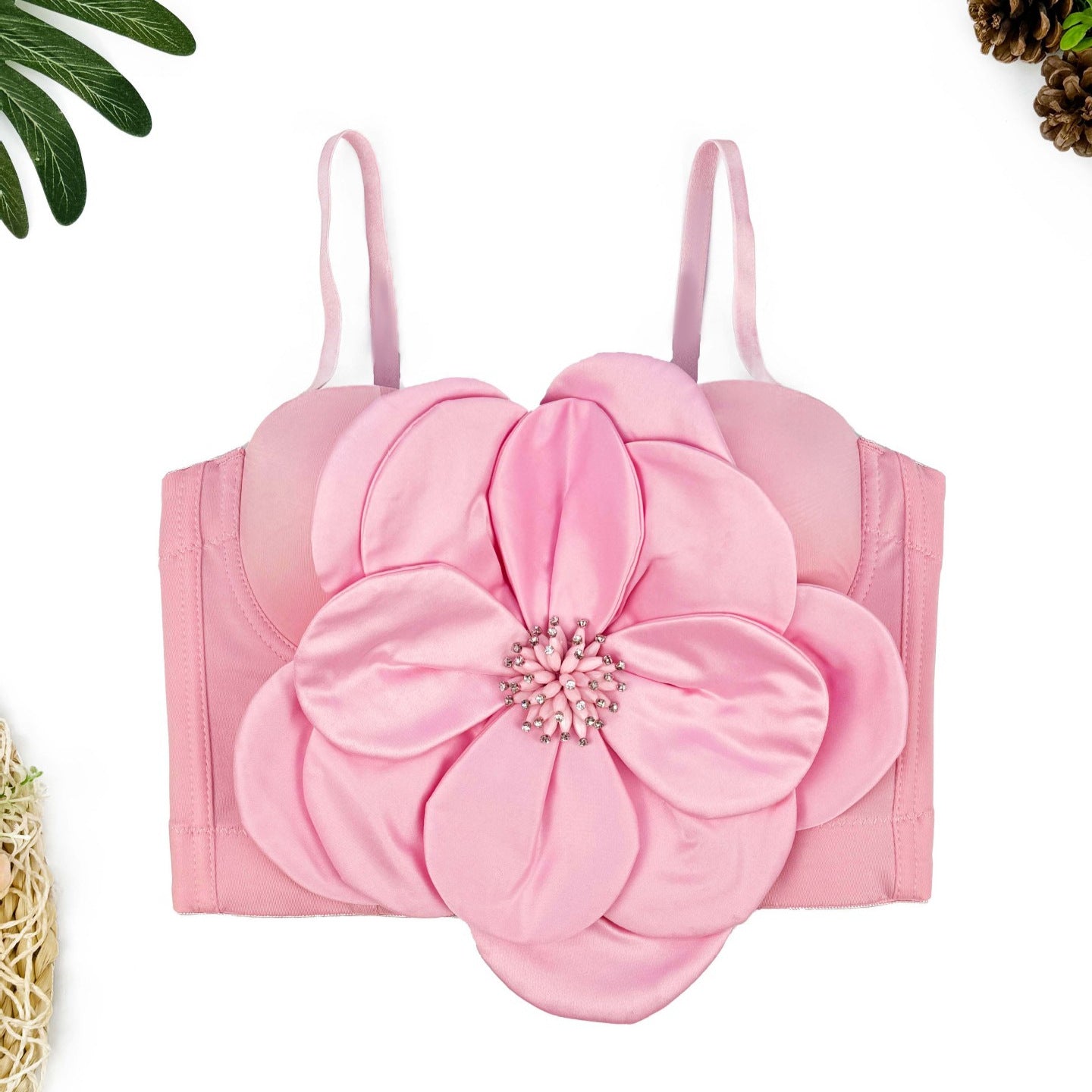 Französische dreidimensionale Blütenblätter, kreativer großer Blumen-Perlen-Einteiler mit gerafften Körbchen, Oberbekleidung, Korsett mit Stäbchen, Slim Fit, schlankmachende Spaghettiträger