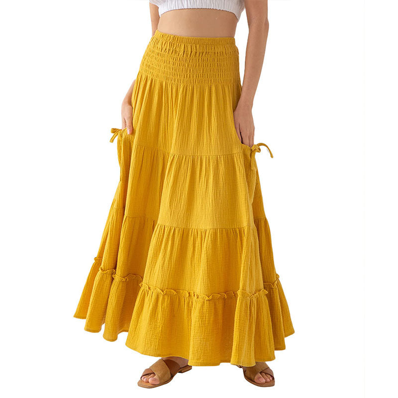 Women Ultra Long Bohemian Dress Summer Elegant Renaissance Pocket Cotton Double Layer Gauze Skirt