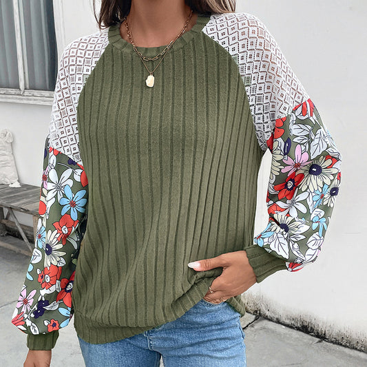 Suéter de punto con cuello redondo y estampado floral a juego de colores para mujer