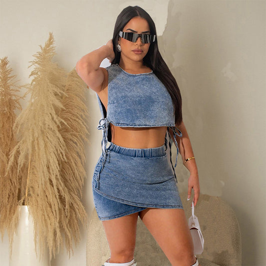 Verano otoño chaleco falda corta estiramiento dos piezas sexy denim mujeres desgaste